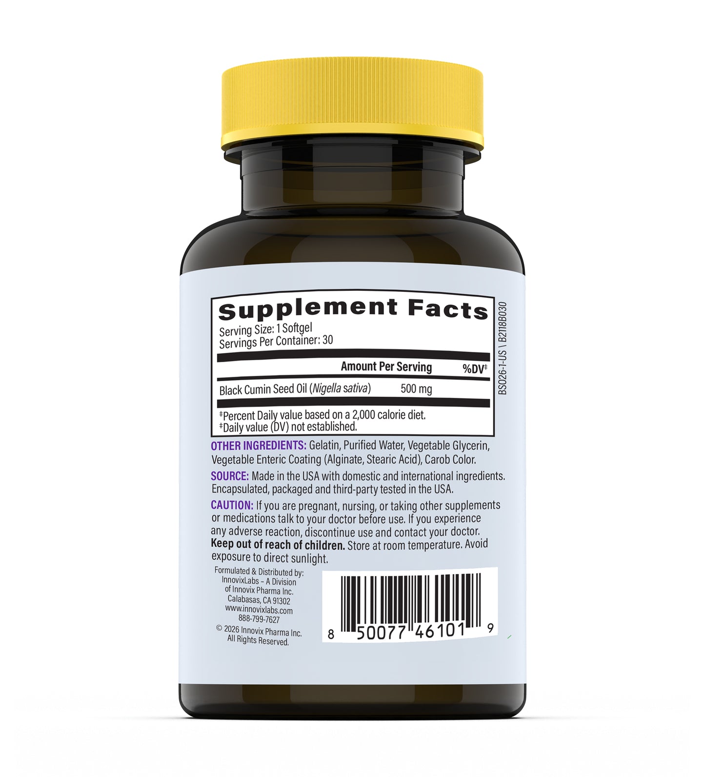 Black Seed Oil Softgels (500mg) supplement bottle back label showing supplement facts, ingredients, and 30 softgels per container