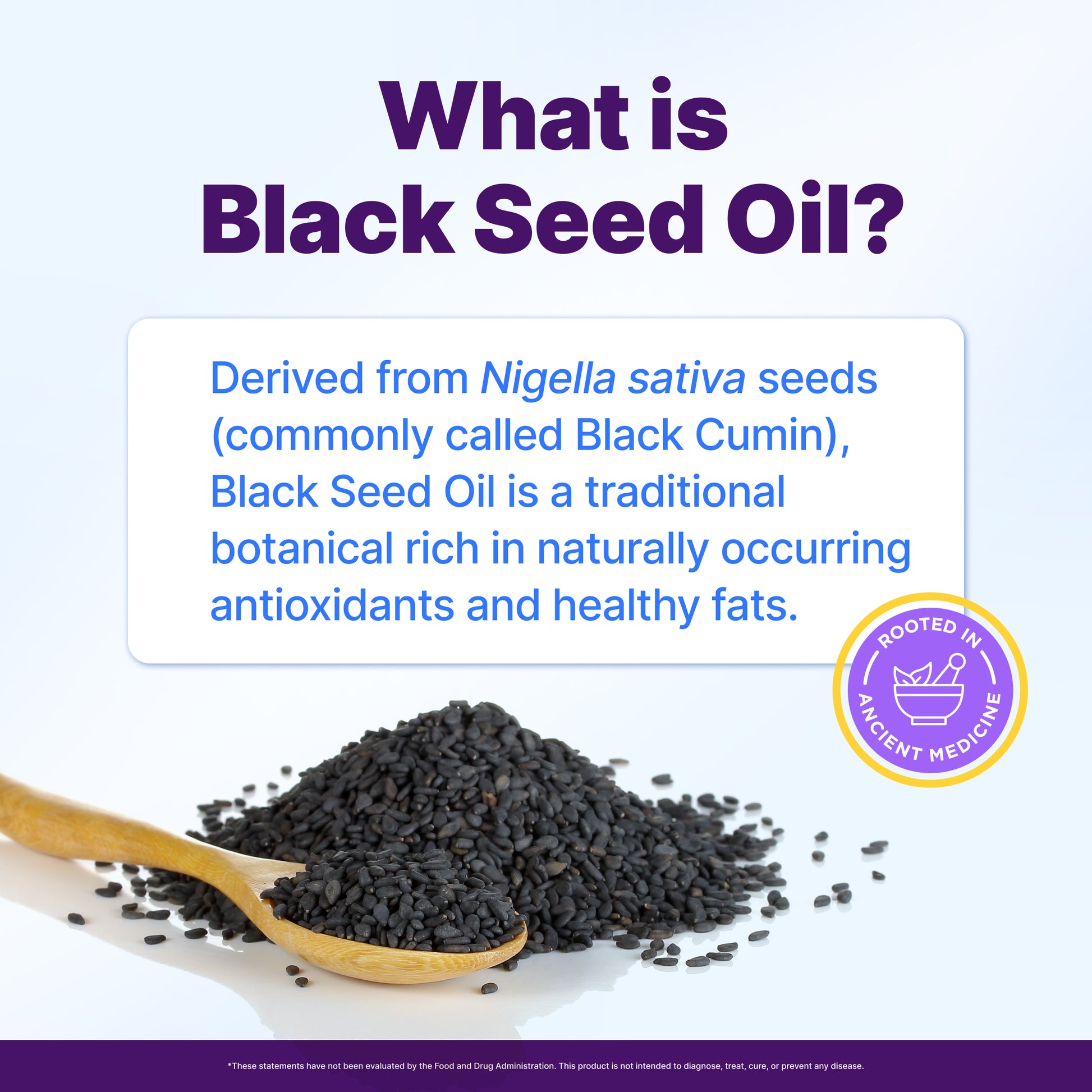 Pile of Nigella sativa black cumin seeds with a wooden spoon, the natural source of cold-pressed Black Seed Oil rich in antioxidants and healthy fats
