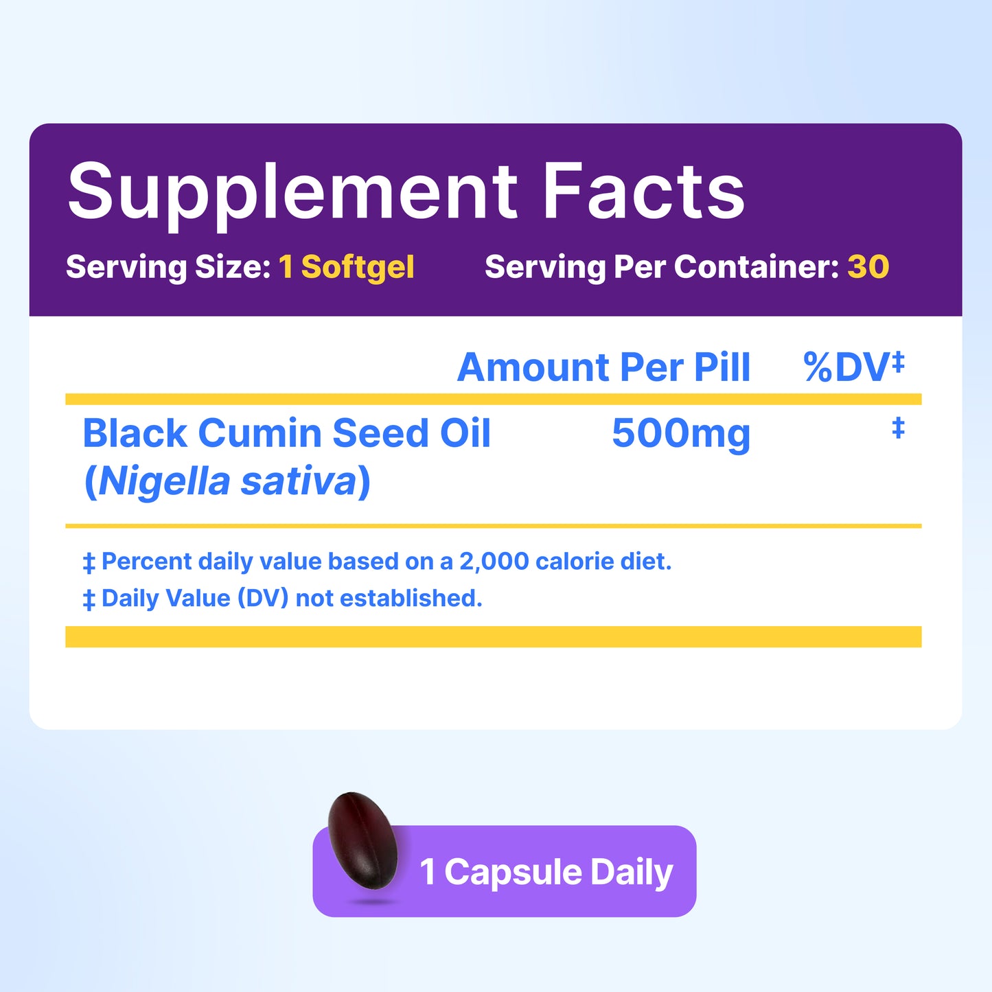 Black Seed Oil Softgels supplement facts panel: 500mg Black Cumin Seed Oil (Nigella sativa) per softgel, 30 softgels per container, 1 capsule daily serving size