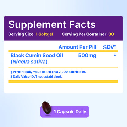 Black Seed Oil Softgels supplement facts panel: 500mg Black Cumin Seed Oil (Nigella sativa) per softgel, 30 softgels per container, 1 capsule daily serving size