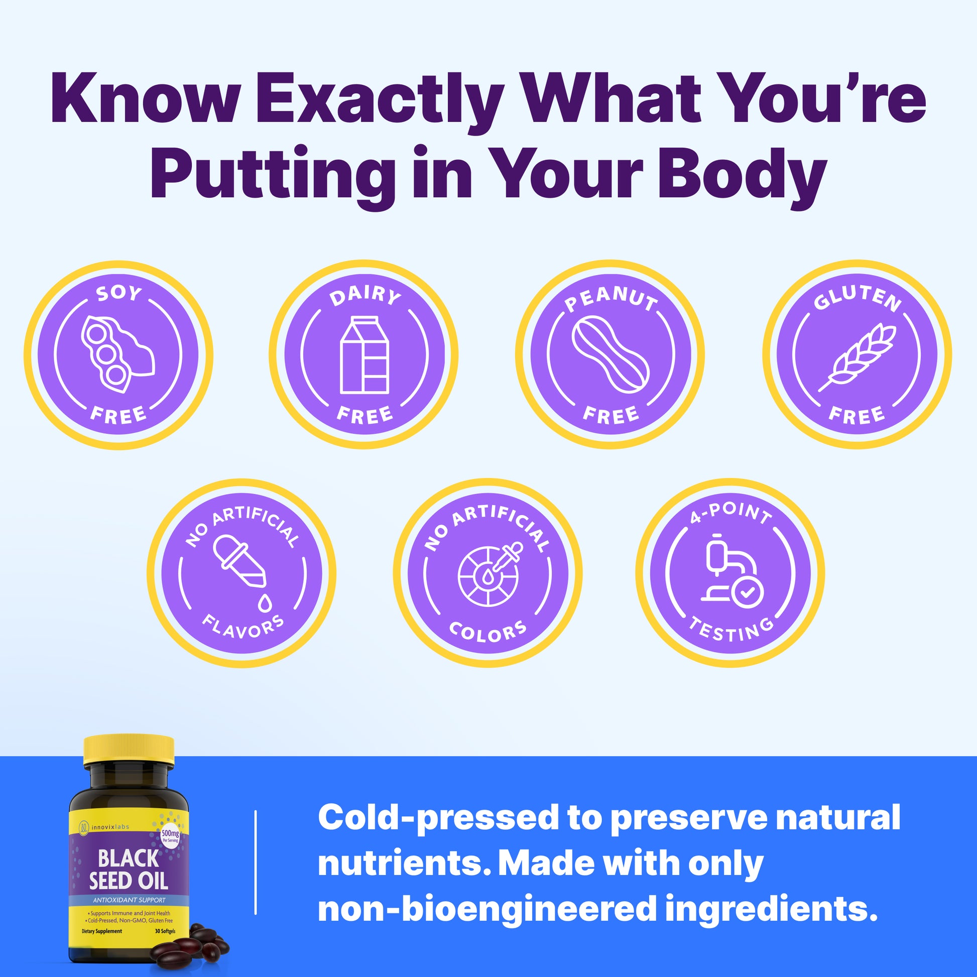 InnovixLabs Black Seed Oil clean formula badges: soy-free, dairy-free, peanut-free, gluten-free, no artificial flavors, no artificial colors, 4-point testing, cold-pressed and non-bioengineered