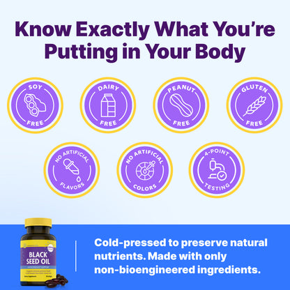 InnovixLabs Black Seed Oil clean formula badges: soy-free, dairy-free, peanut-free, gluten-free, no artificial flavors, no artificial colors, 4-point testing, cold-pressed and non-bioengineered