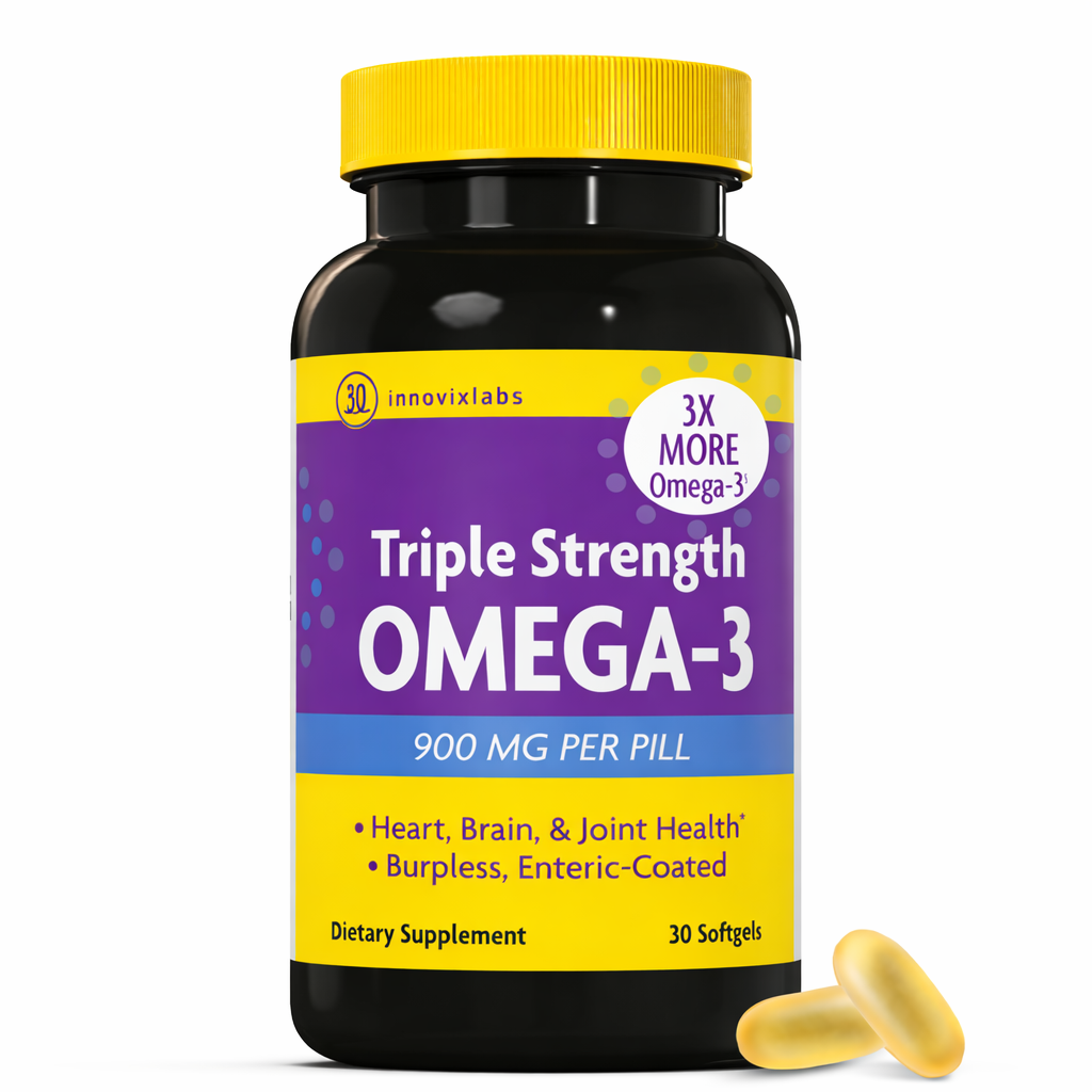Triple Strength Omega-3 supplement bottle with yellow and purple label on a white background